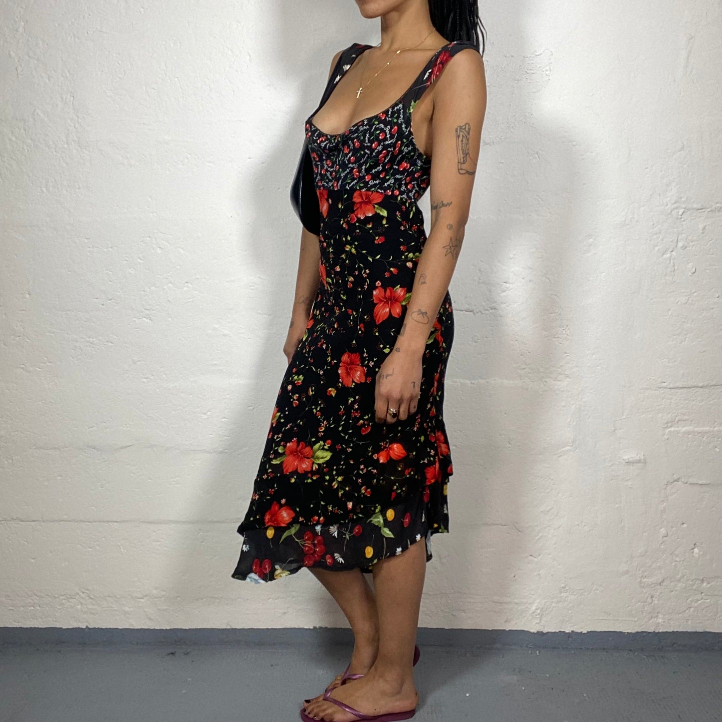 Vintage 2000's Date Night Black Midi Dress with Red Floral and Cherry Print (S)