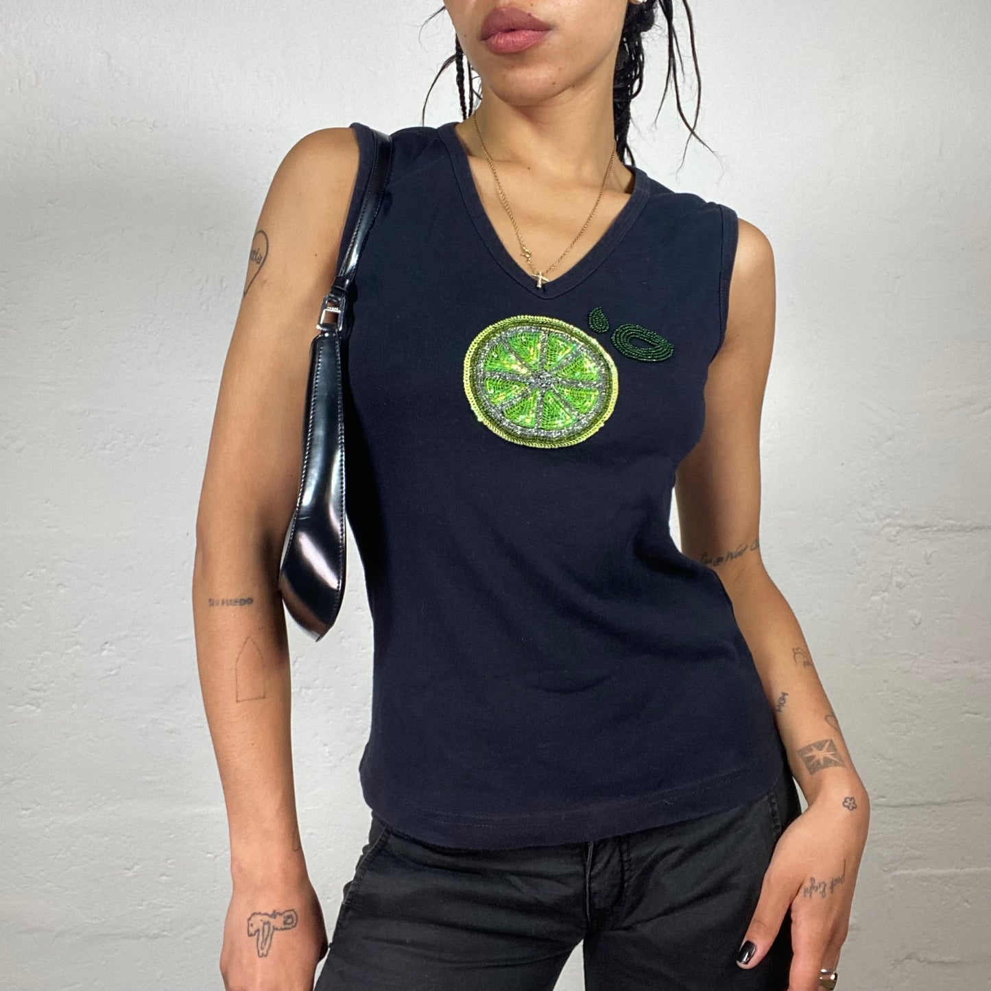 Vintage 90’s Summer Vacay Dark Blue Tank Top with Beaded Lime Print Detail (M)