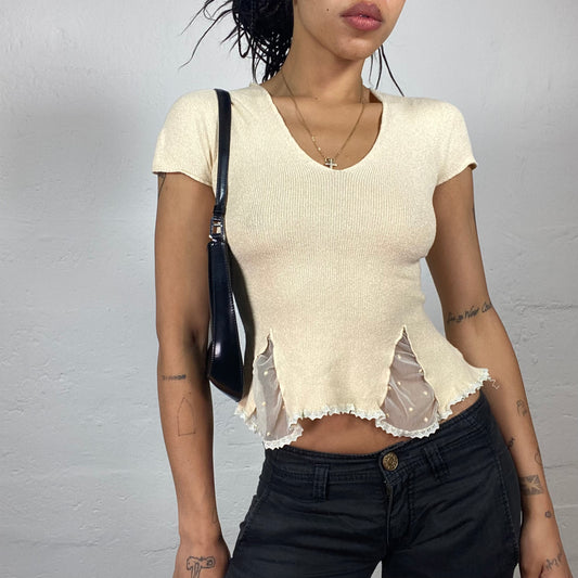 Vintage 2000’s Soft Girl Creme Beige Ribbed T-Shirt Top with Mesh Details and Ruffle Trim(S)