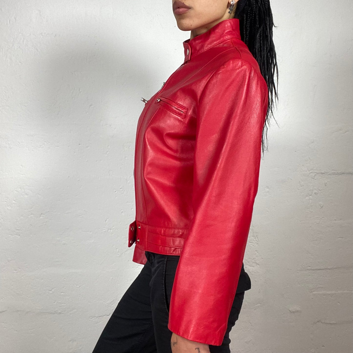 Vintage 2000's Downtown Girl Hot Red Fitted Leather Racer Jacket  (S)