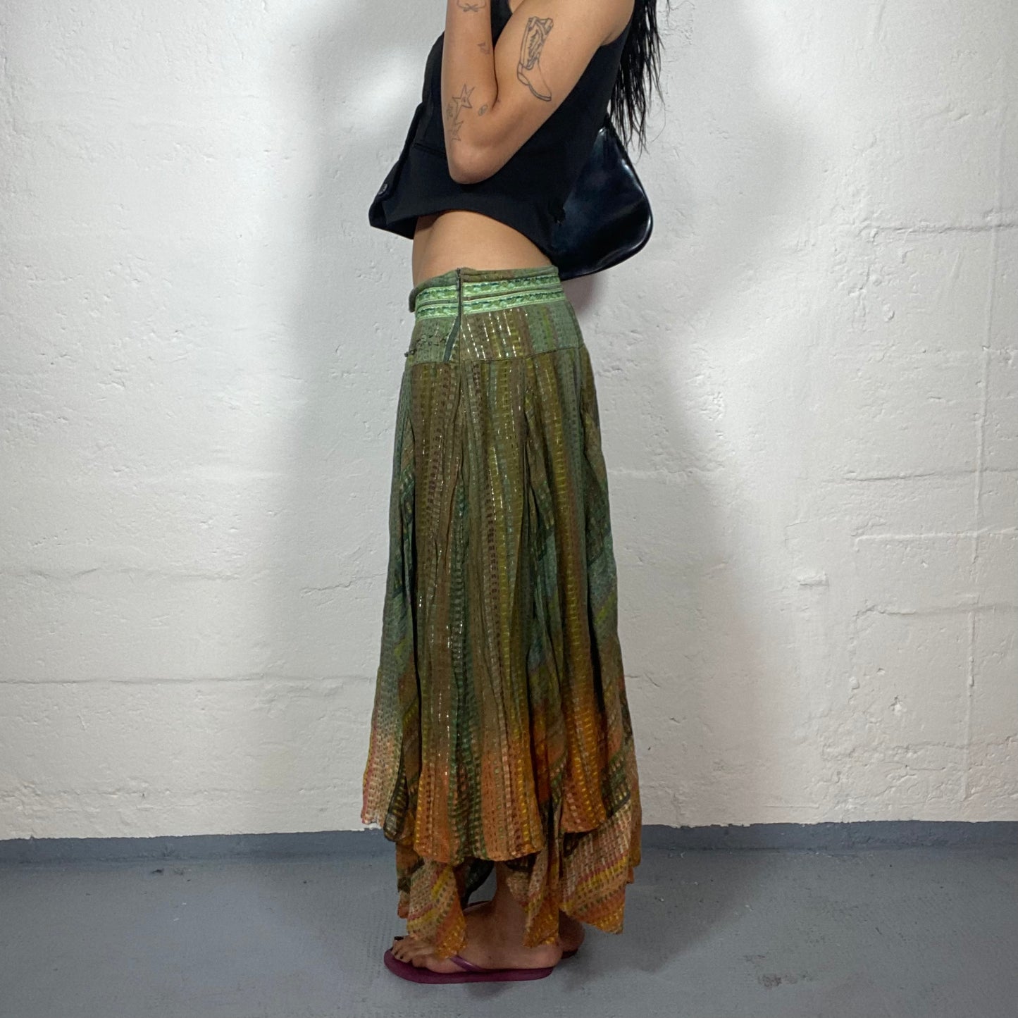 Vintage 90's Hippie Green and Orange Maxi Skirt with Asymmetrical hem and Beaded Waist Detail (S/M)