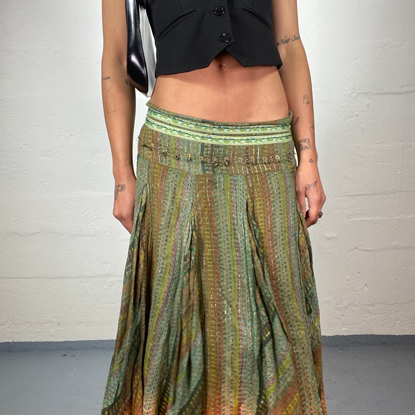 Vintage 90's Hippie Green and Orange Maxi Skirt with Asymmetrical hem and Beaded Waist Detail (S/M)