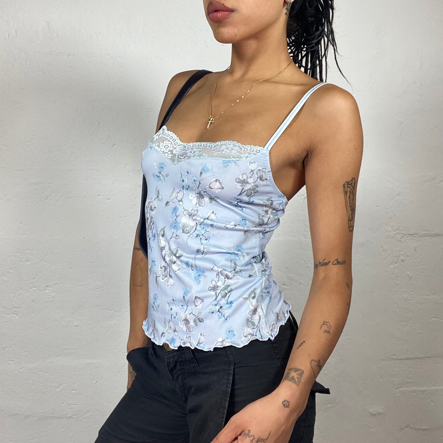 Vintage 90’s Romantic Baby Blue Floral Print Cami Top with Lace Trim Detail  (S)