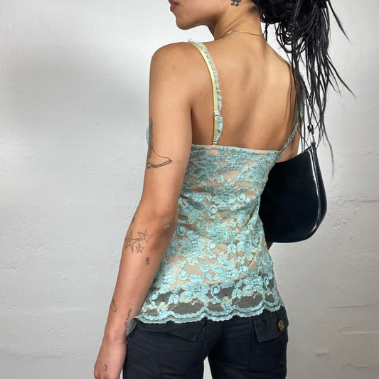 Vintage 2000’s Coquette Turquoise Lace Baby Doll Top with Ruffle Strap Detail (M)