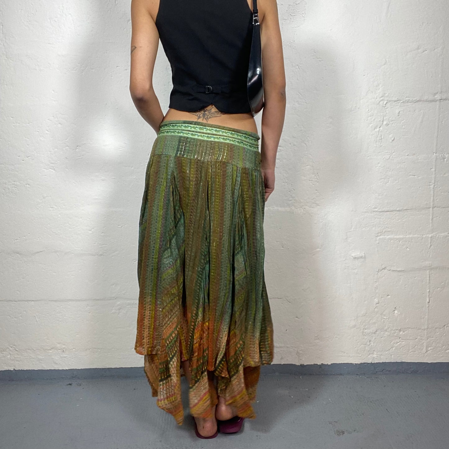 Vintage 90's Hippie Green and Orange Maxi Skirt with Asymmetrical hem and Beaded Waist Detail (S/M)