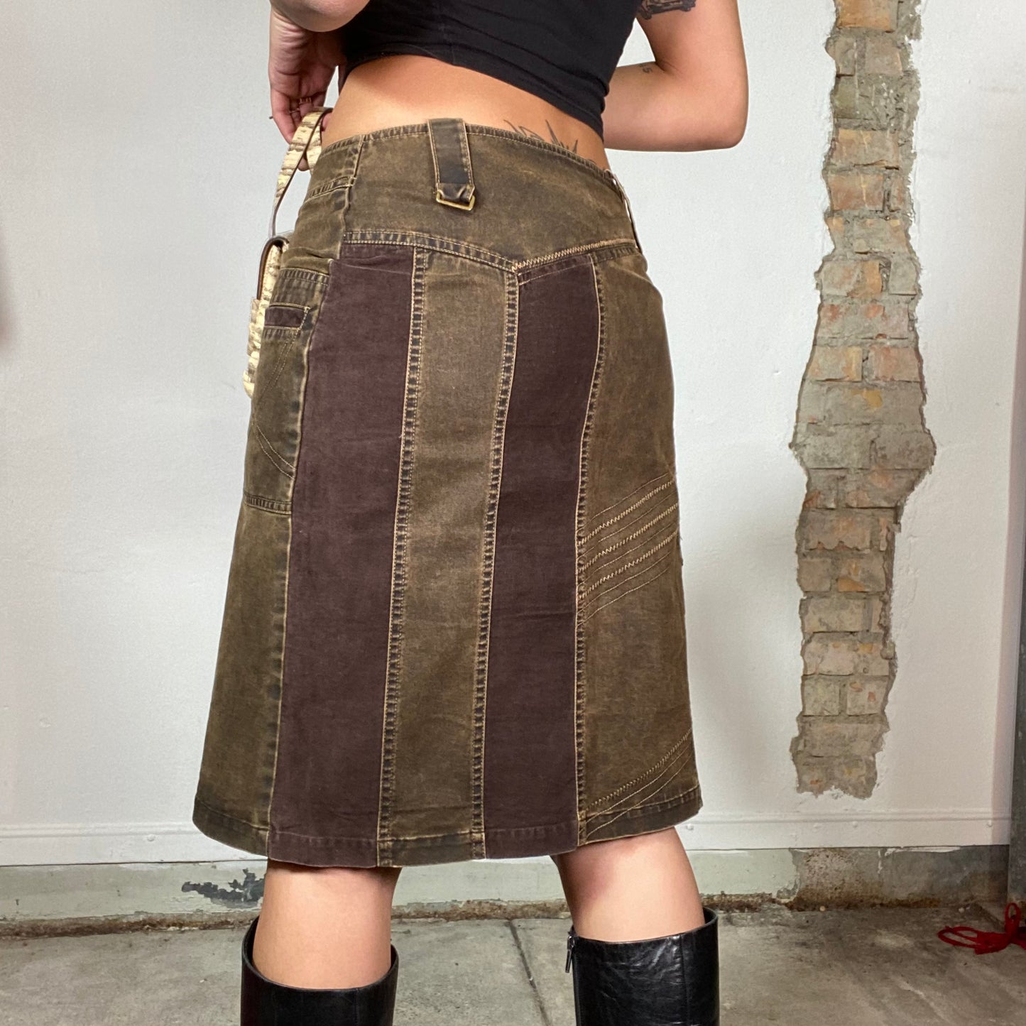 Vintage 2000's Western Brown Patchwork Denim Midi Skirt (S)