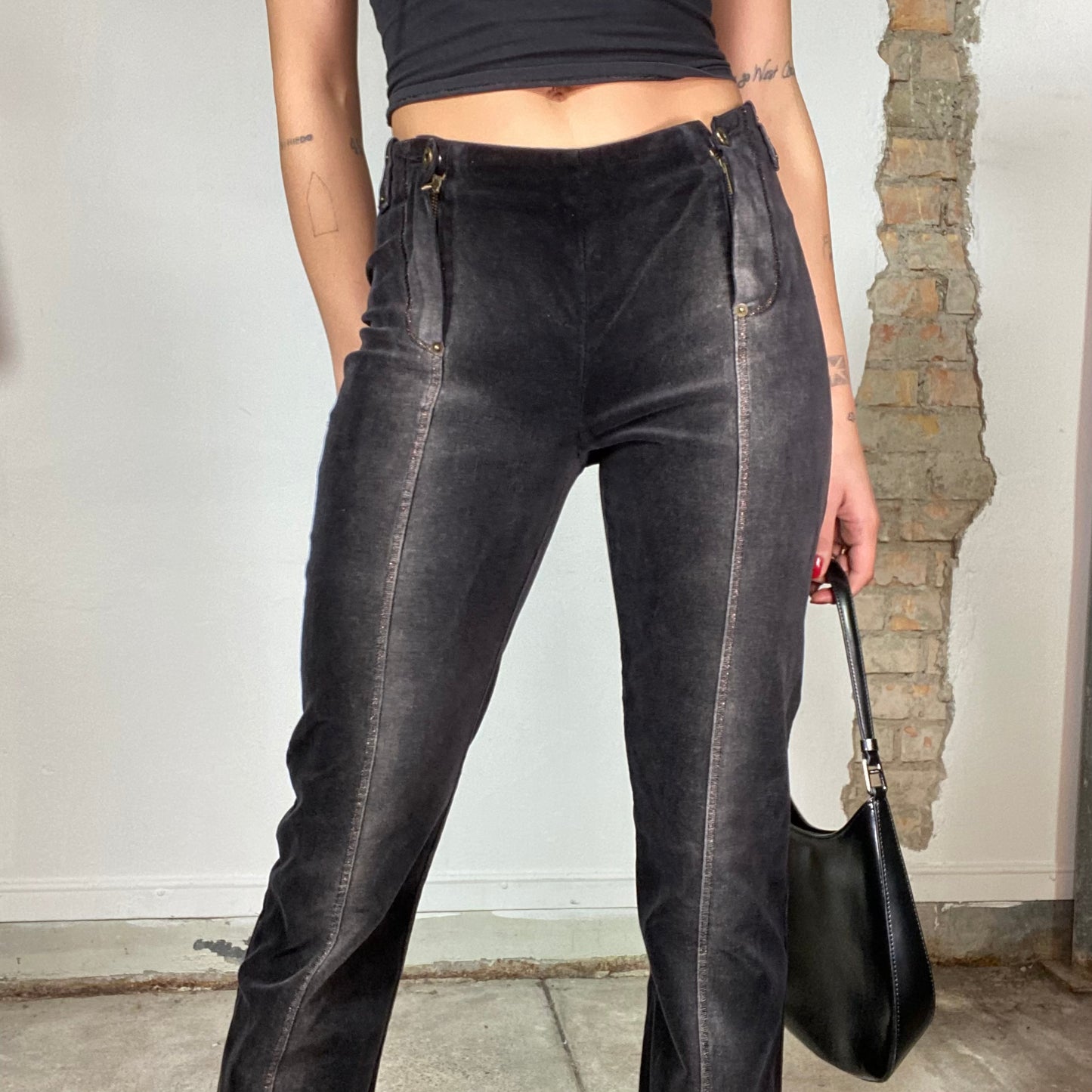 Vintage 2000's Grunge Balck Velvet Pants with Brown Front Seam and Waist Zippers (S)