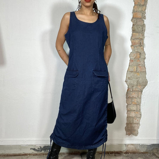 Vintage 90's Country Denim Maxi Dress with Pockets and Ruffle Side Details (M/L)