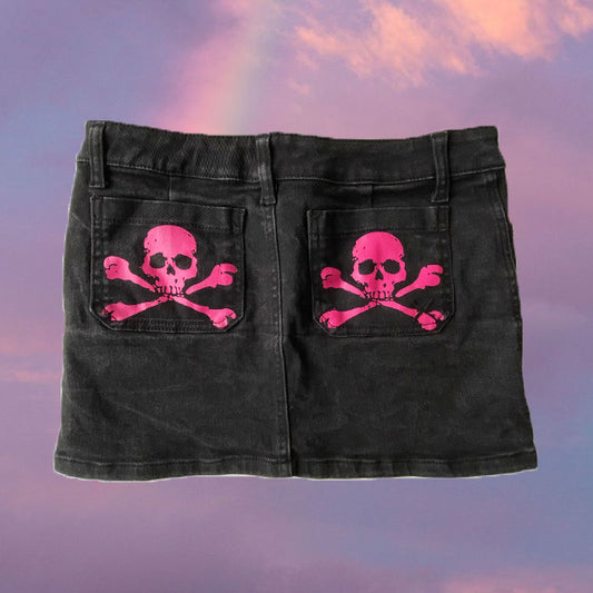 Vintage 90's Goth TRIPP NYC Denim Miniskirt with Pink Skulls (XS/S)