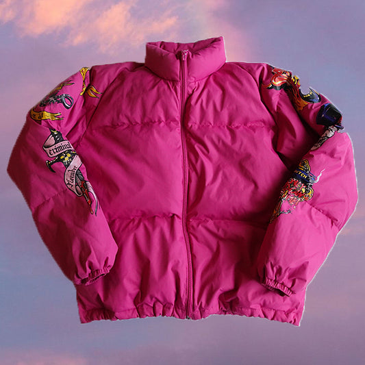 Vintage Y2K Von Dutch Pink Puffer Jacket with Tattoo Drawings (S/M)