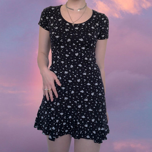 Vintage 90's Copain Copine Grunge Black Floral Dress (XS/S)