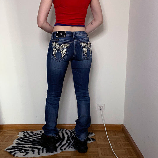 Vintage Y2K Cyber Miss Me Low Waist Flare Jeans with Angel Pocket Details (34-36 EU / 6-8 UK / S)