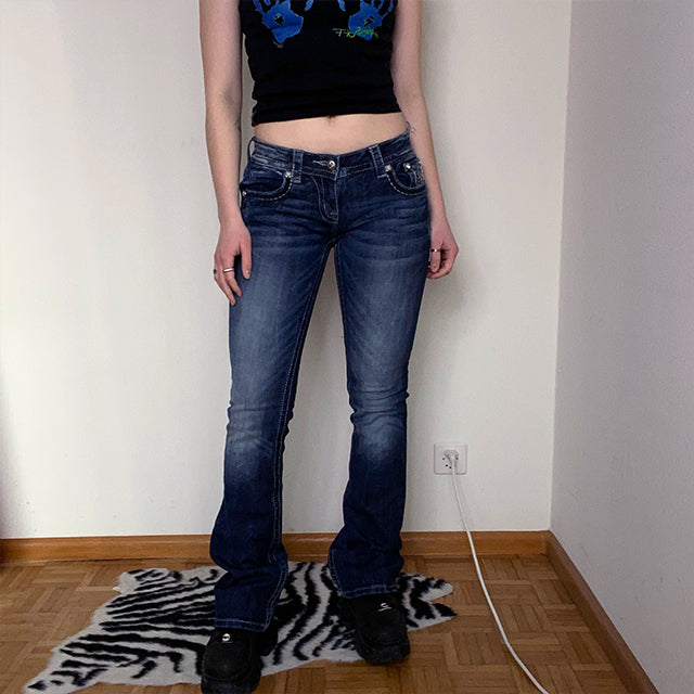 Vintage Y2K Cyber Miss Me Low Waist Flare Jeans with Stud Pocket Detai –  Michelle Tamar