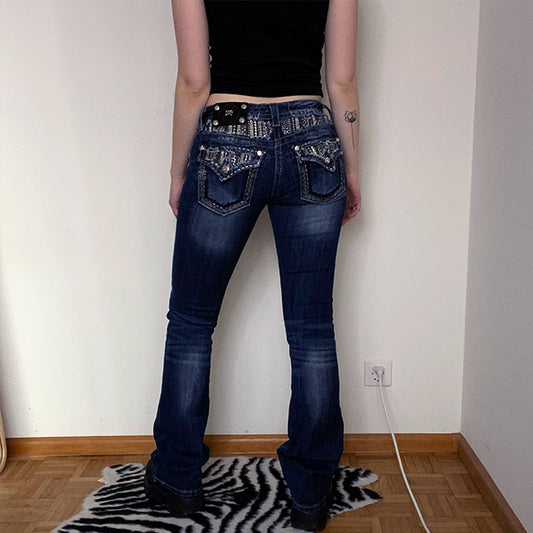 Vintage Y2K Cyber Miss Me Low Waist Flare Jeans with Stud Pocket Details (34-36 EU / 6-8 UK / S)