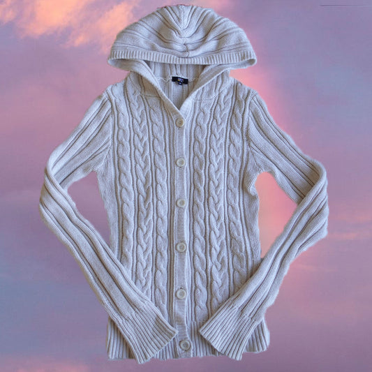 Vintage 90's White Knit Cardigan with Hoodie (M)