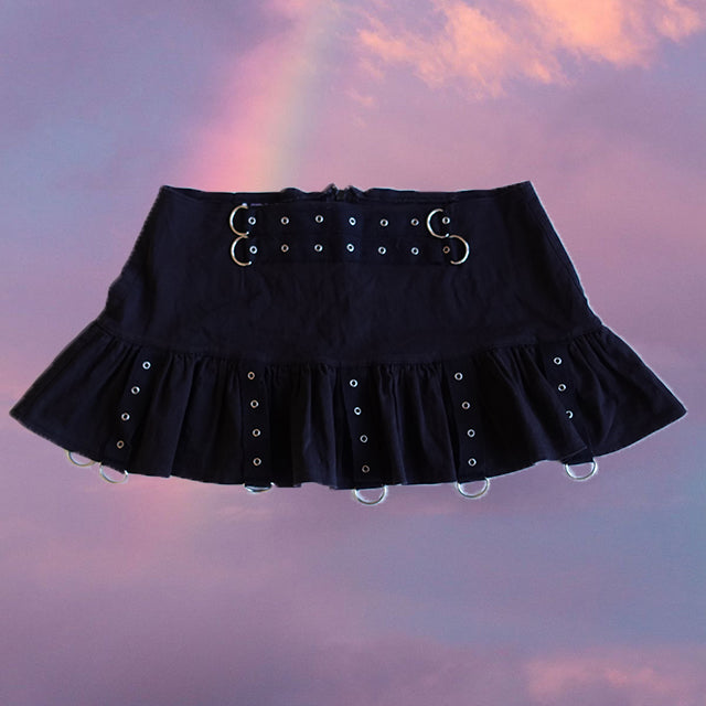 Vintage 90's Cyber Goth Black Pleated Miniskirt with Ring Detailing (38 EU - 10 UK)