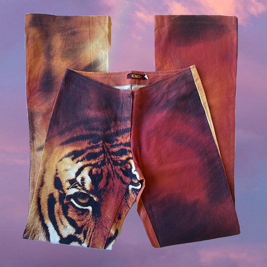 Vintage 90's Archive Low Waist Flare Pants with Tiger Print and Microglitter (M / 38 EU / UK 10)