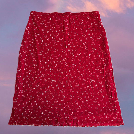 Vintage 90's Romantic Red Floral Midi Mesh Skirt (M/L)