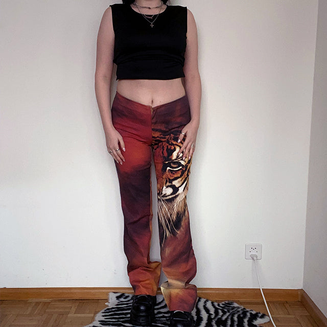 Vintage 90's Archive Low Waist Flare Pants with Tiger Print and Microglitter (M / 38 EU / UK 10)