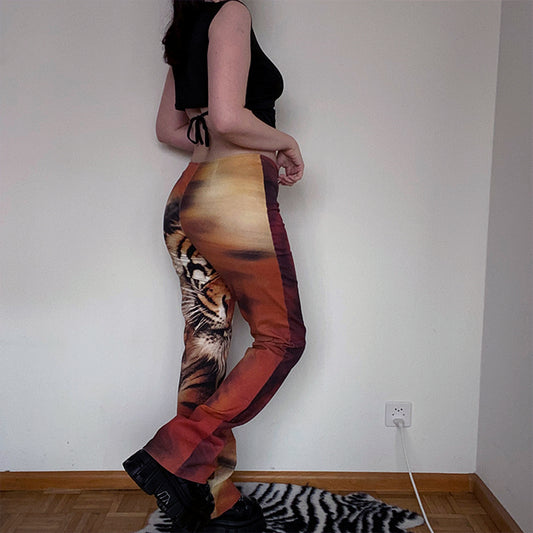 Vintage 90's Archive Low Waist Flare Pants with Tiger Print and Microglitter (M / 38 EU / UK 10)