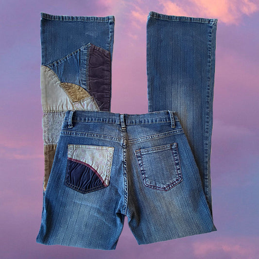 Vintage Y2K Boho Low Waist Flare Jeans with Patchwork Details (S/34 EU/6 UK)