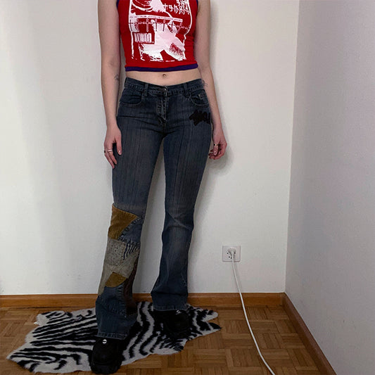 Vintage Y2K Boho Low Waist Flare Jeans with Patchwork Details (S/34 EU/6 UK)