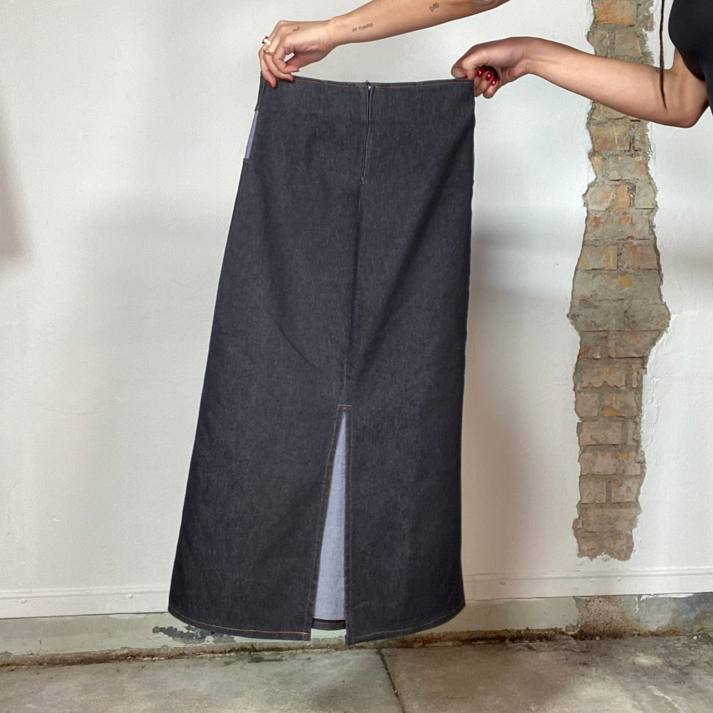 Vintage 90's Hippie Denim Maxi Skirt with ZickZack Embroidery (XS)