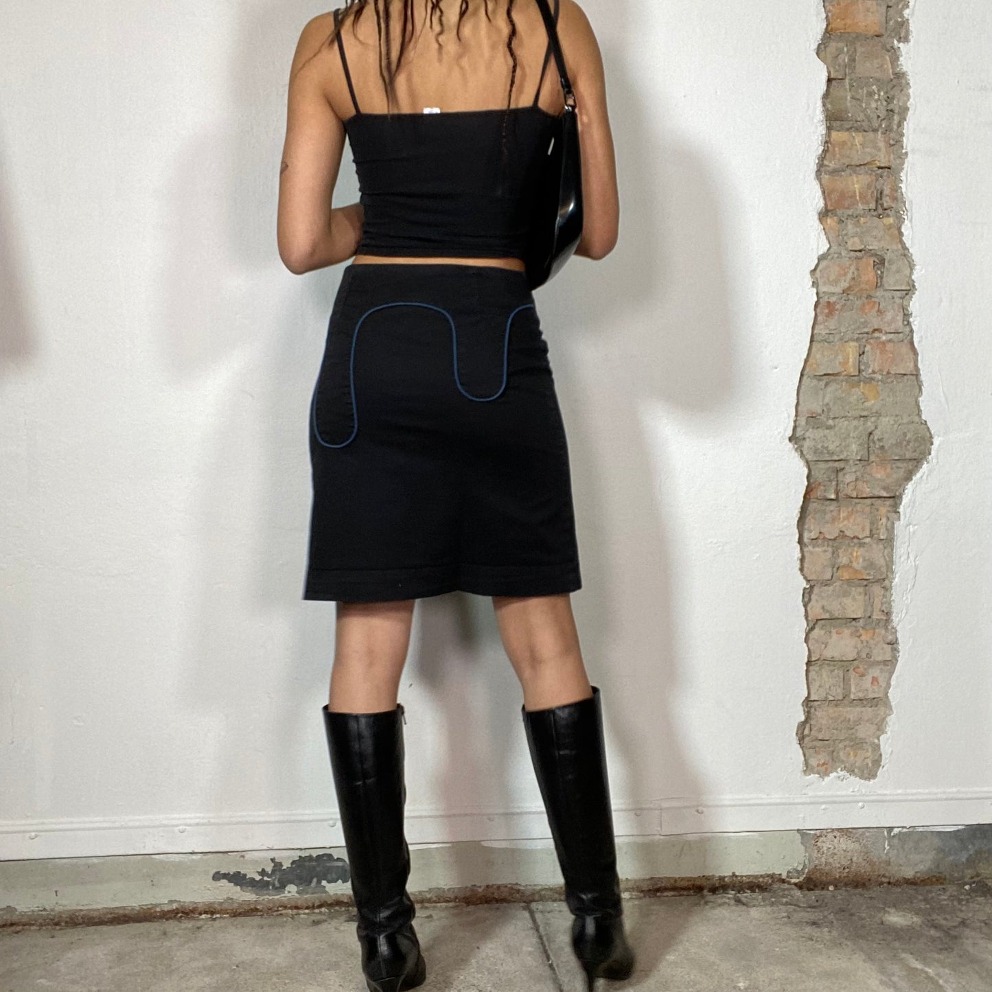 Vintage 2000's Funky Black Midi Skirt with Blue  'Dripping Down' Structure (S)