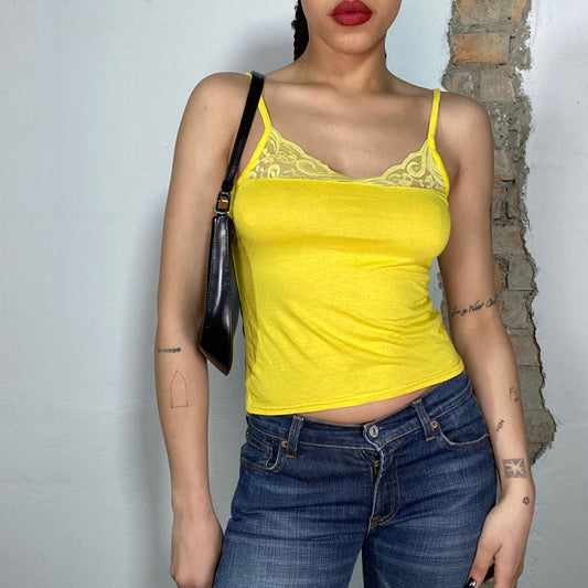 Vintage 2000's Sleaze Yellow Top with Lace Neckline (S)