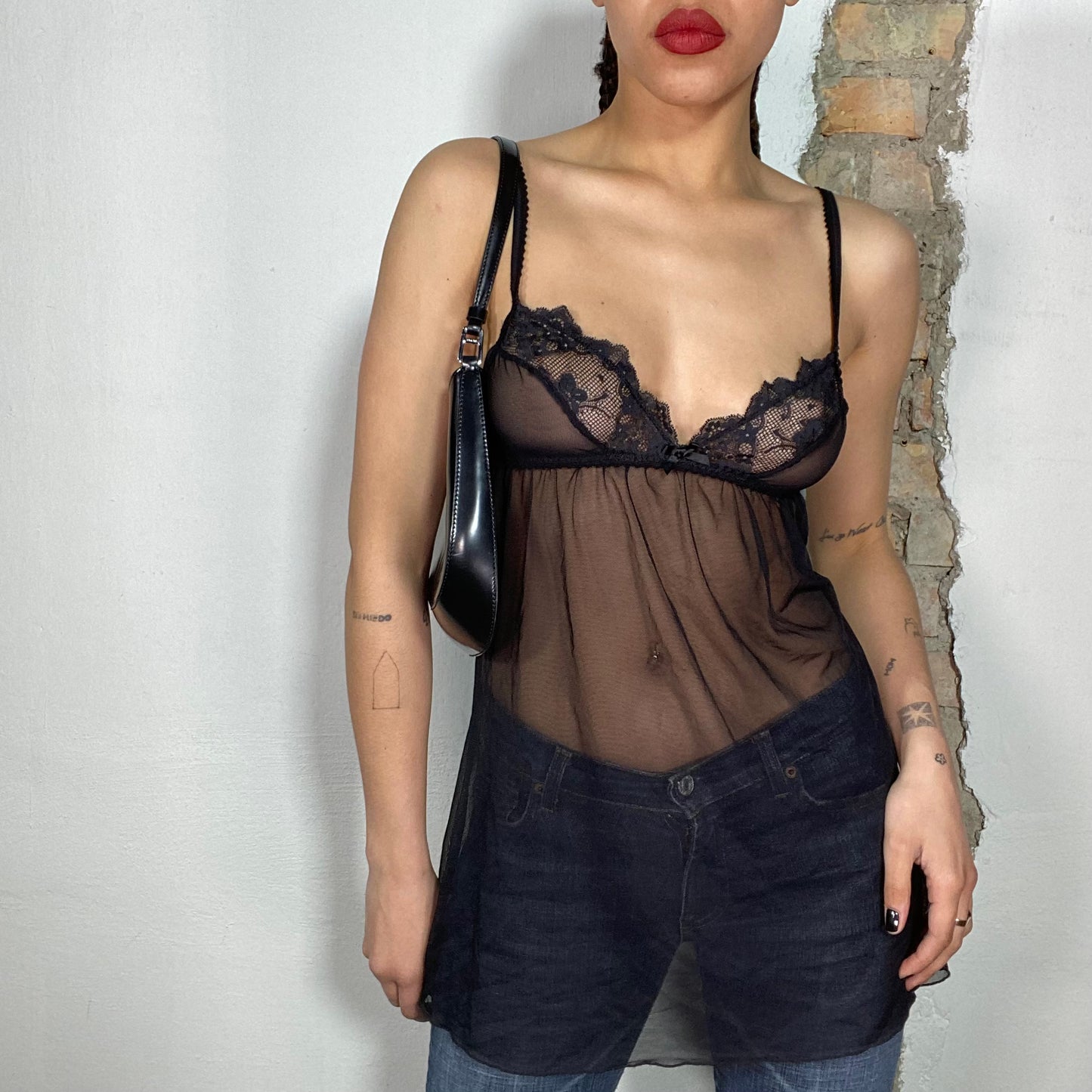 Vintage 2000's Lingerie Black Mesh Cami Top with Lace Trim (S)