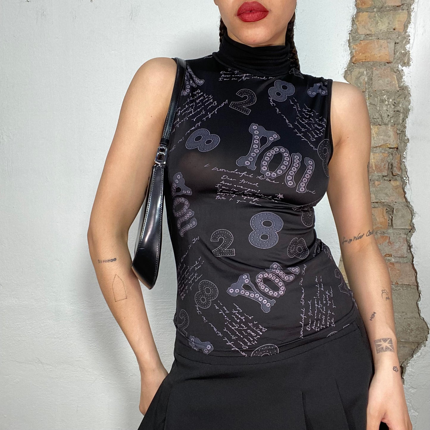 Vintage 2000's Funky Black Turtleneck Top with Number Print (S)