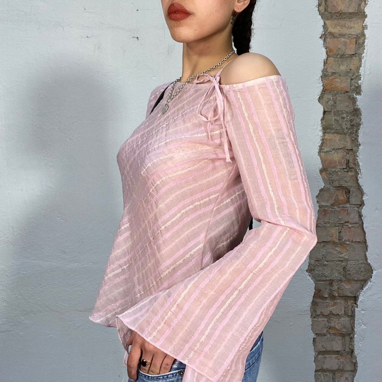 Vintage 2000's Downtown Girl Pink Striped Flowy Top (S/M)