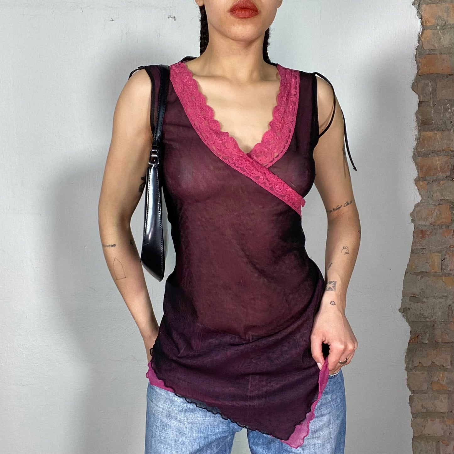 Vintage 2000's Downtown Girl Dark Red Mesh Top with Pink Lace Trim (S/M)