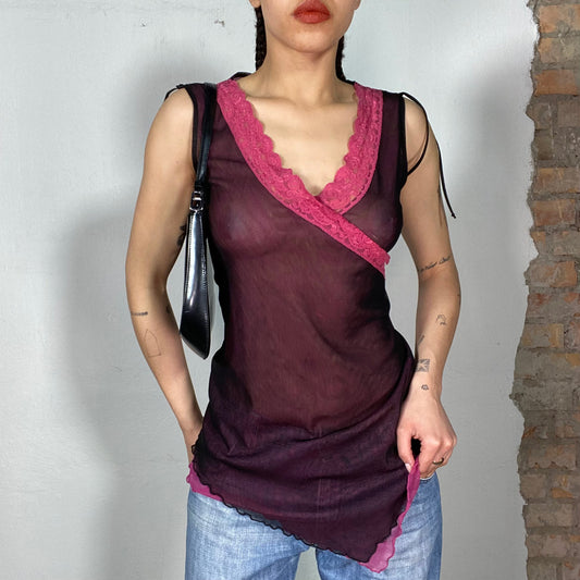 Vintage 2000's Downtown Girl Dark Red Mesh Top with Pink Lace Trim (S/M)