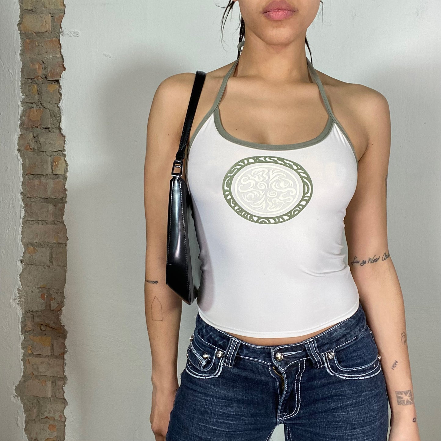 Vintage 2000's Surfer White Halter neck Top with Green Trim and Mandala Print (XS/S)