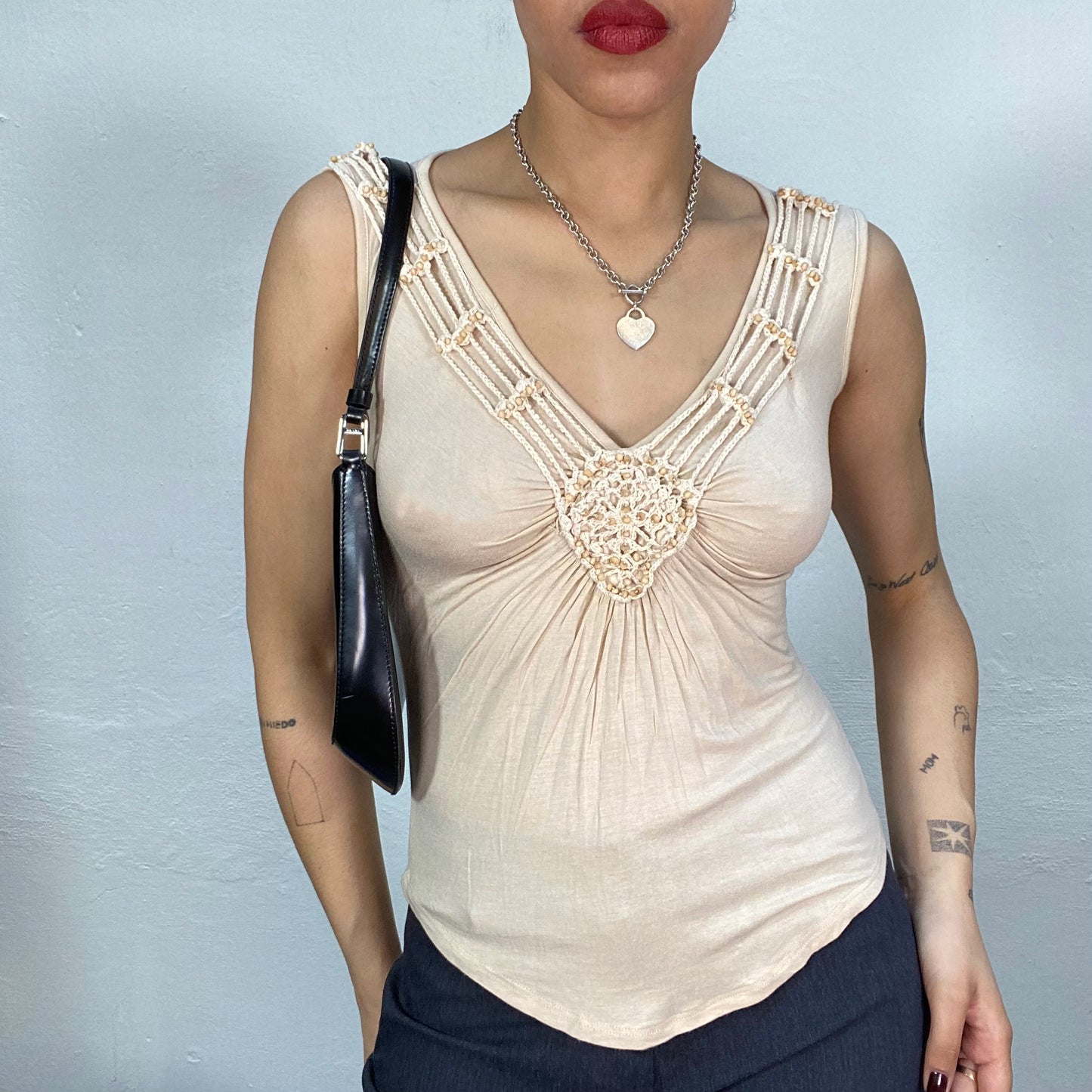 Vintage 90's Indie Creme tank Top with Crochet Neckline Detail (S)