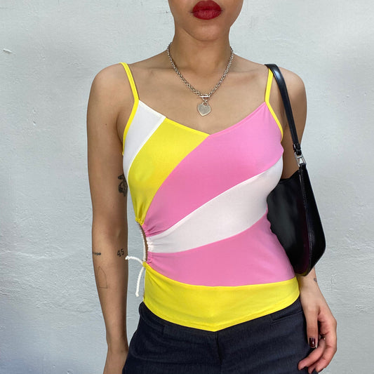 Vintage 90's Funky White Yellow and Pink Top with Side Cutouts (S)