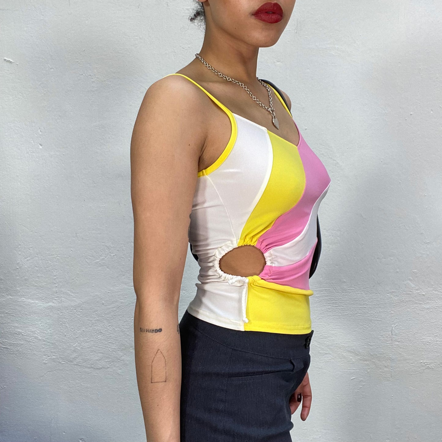 Vintage 90's Funky White Yellow and Pink Top with Side Cutouts (S)