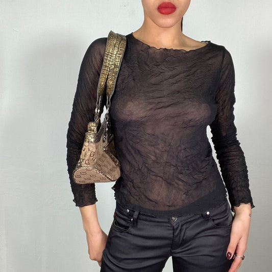 Vintage 2000's Rave Black Mesh Wrinkly Longsleeve Top (S/M)