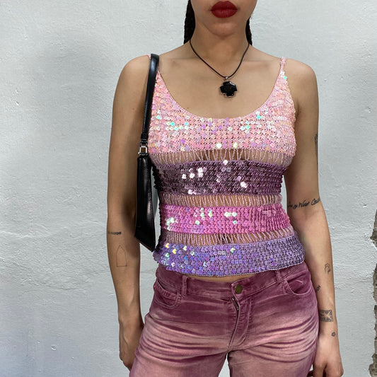 Vintage 2000's Festival Pink Crochet Sequin Top (S)