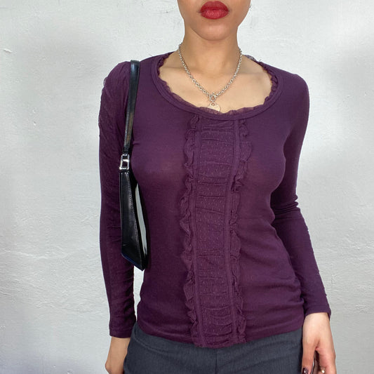 Vintage 2000's Coquette Purple Longsleeve with Ruffle Collar Front (S/M)