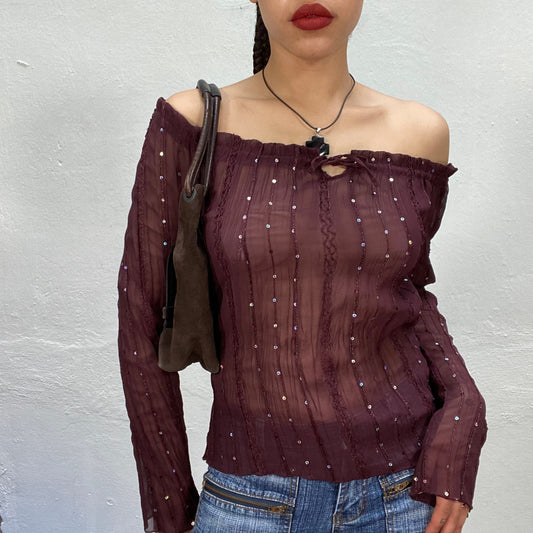 Vintage 90's Indie Bordeaux Red Mesh Blouse with Sequin Details (S/M)