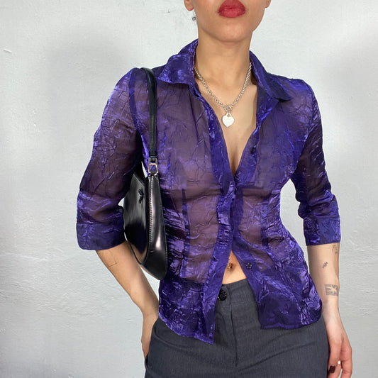 Vintage 90's Archive Purple Shimmery Mesh Blouse with Wrinkle Look (S)