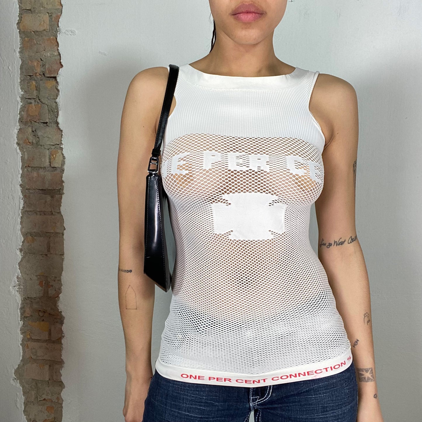 Vintage 2000's Cyber White Net Top with 'One Percent Connection' Print (XS/S)