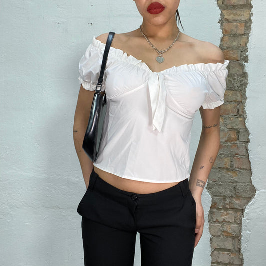 Downtown Girl White Ruffle Blouse with Bow Detail (M)