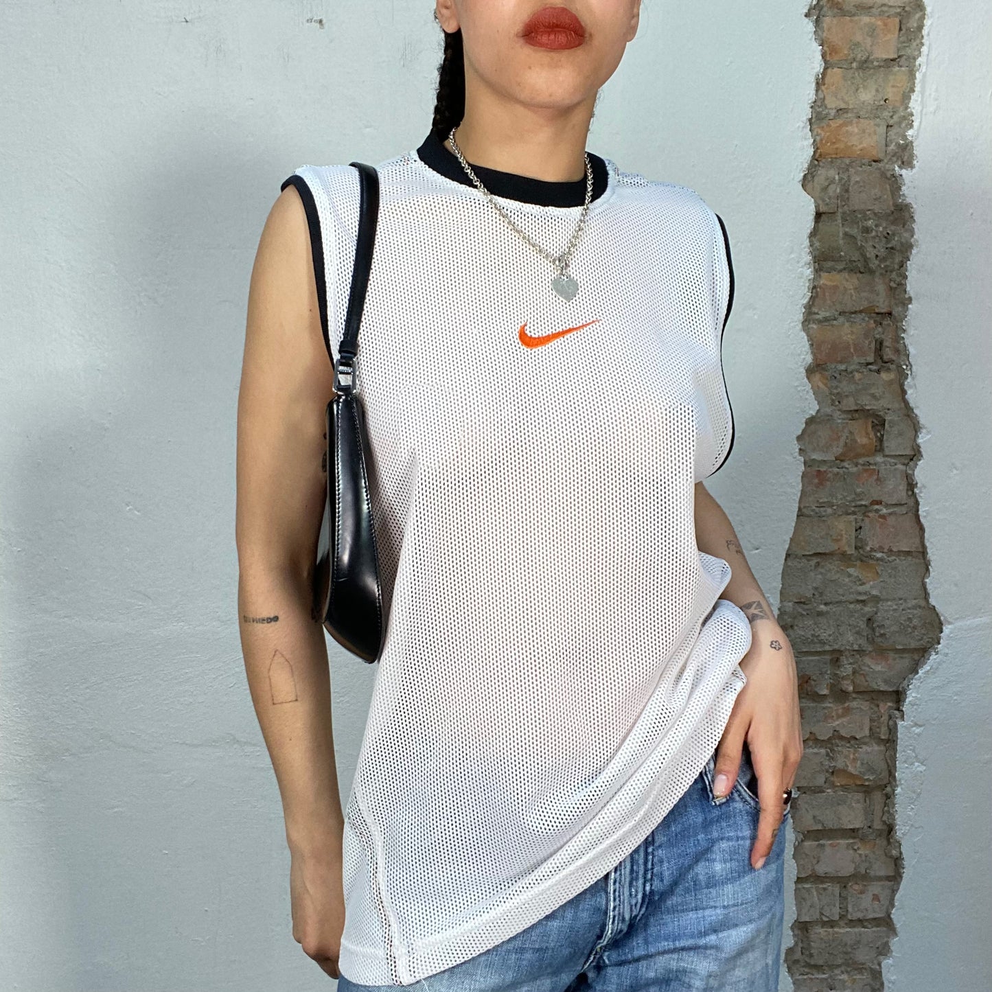 Vintage 2000's Nike White Sporty Net Tricot with Orange Swoosh (M/L)