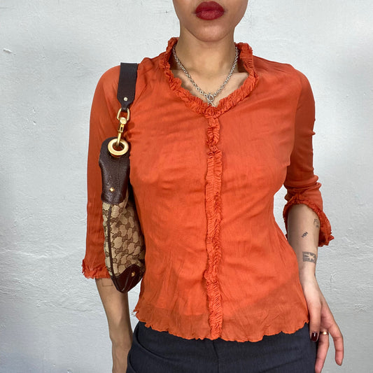 Vintage 2000's Indie Orange Mesh Blouse with Ruffle Front and Collar Detail (S/M)