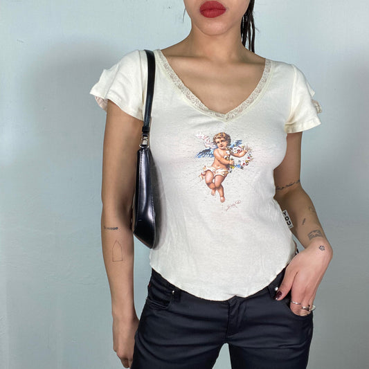 Vintage 2000's Soft Girl Creme Shirt with Angel Print (S)