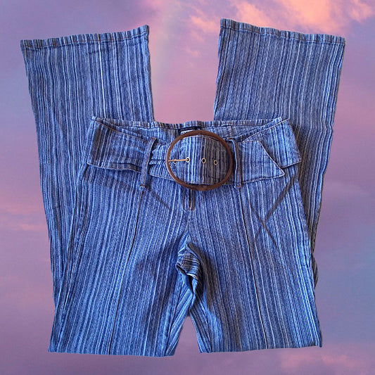 Vintage Y2K Boho Low Waist Striped Flared Jeans with Buckle Belt Detail (M - 38 EU - UK 10)