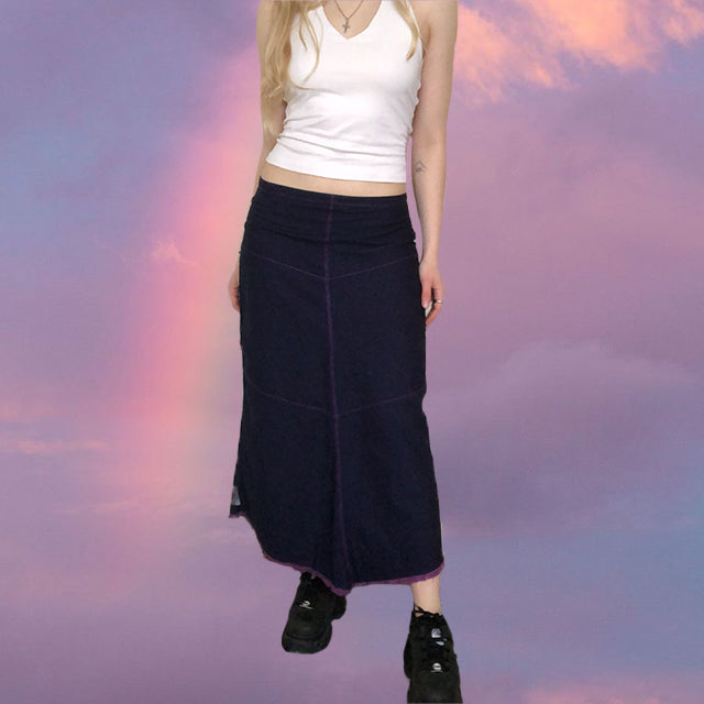 Vintage 90's Cop Copine Denim Maxi Skirt with Purple Contrast Stitching (36/38 EU - 8/10 UK - 4/6 US)